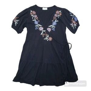 ASOS Black Embroidered Puff Sleeve Wrap Mini Dress Size 14